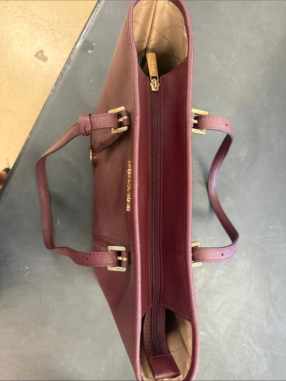 Michael Kors Wine Saffiano Tote with Gold Accents